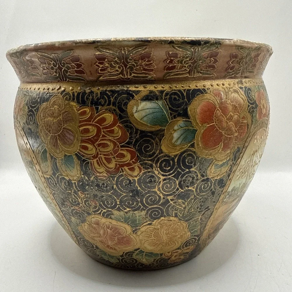 Vintage Satsuma Style Porcelain Fishbowl Planter Gold Trim5